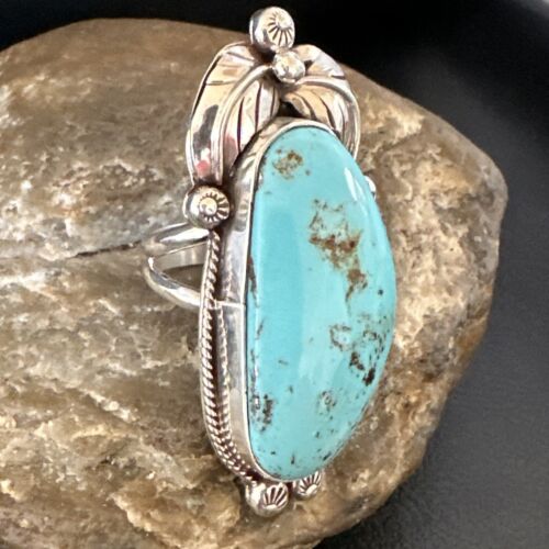 Navajo Blue Kingman Turquoise Ring | Sterling Silver | Sz 8.5 | Authentic Native American Handmade | 15663