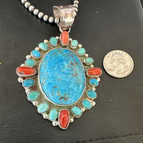 Navajo Red Spiny oyster | Blue Turquoise Pendant Necklace | Sterling Silver | Multi-Stone | 17148