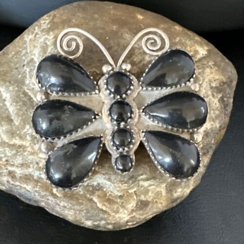 Navajo Black Onyx Butterfly Cluster Pin | Sterling Silver | Authentic Native American Handmade | 15168