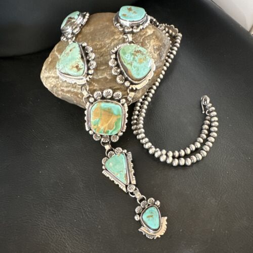 Navajo Blue Royston Turquoise Lariat Necklace | Sterling Silver | Handmade Native American Jewelry | 15271