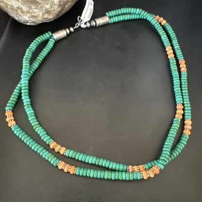 Navajo Green Turquoise Spiny Oyster Necklace | Sterling Silver | 21" | Authentic Native American Handmade | 10123