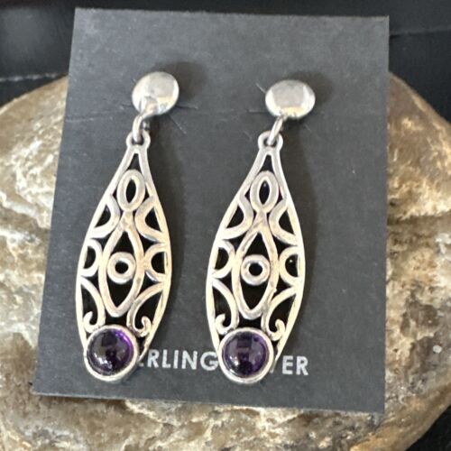 Navajo Purple Amethyst Earrings | Sterling Silver | 1" | Authentic Native American Handmade | 15354