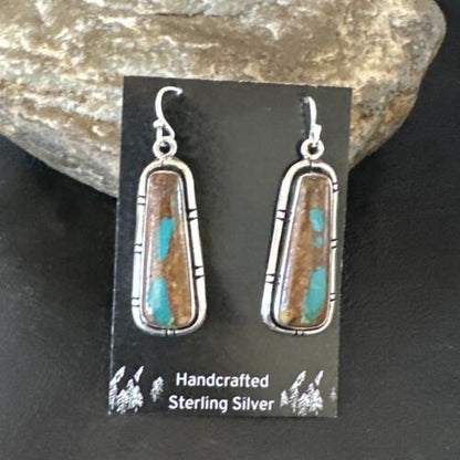Navajo Blue Boulder Turquoise Dangle Earrings | Sterling Silver | Authentic Native American Handmade | 16499