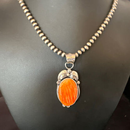 Navajo Orange Spiny Oyster Pendant Necklace | Sterling Silver | Authentic Native American Handmade | 15627