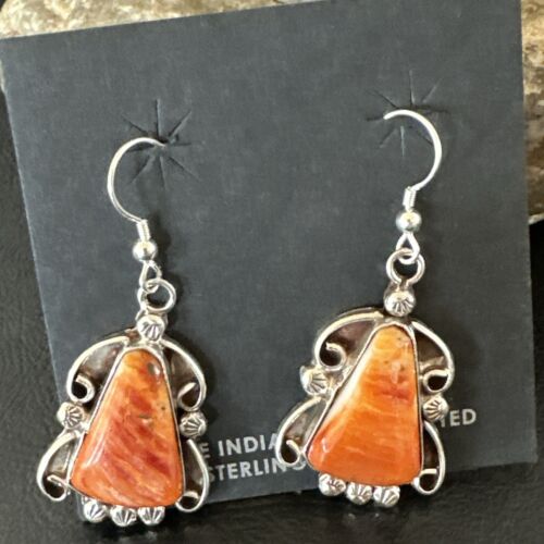 Navajo Orange Spiny Oyster Dangle Earrings | Sterling Silver | Authentic Native American Handmade | 17269