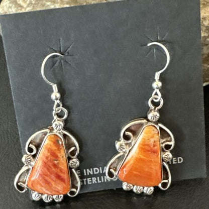 Navajo Orange Spiny Oyster Dangle Earrings | Sterling Silver | Authentic Native American Handmade | 17269