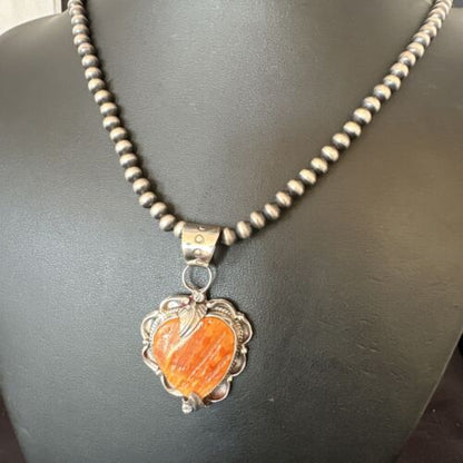 Navajo Orange Spiny Oyster Heart Pendant Necklace | Sterling Silver | Authentic Native American Handmade | 16298