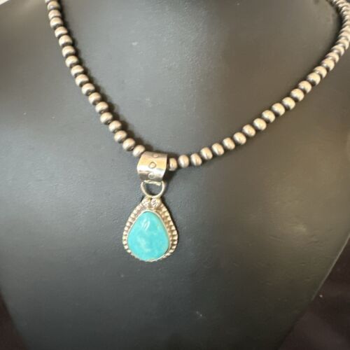 Navajo Pearls Kingman Turquoise Pendant Necklace | Sterling Silver | Native American Handmade | 17135