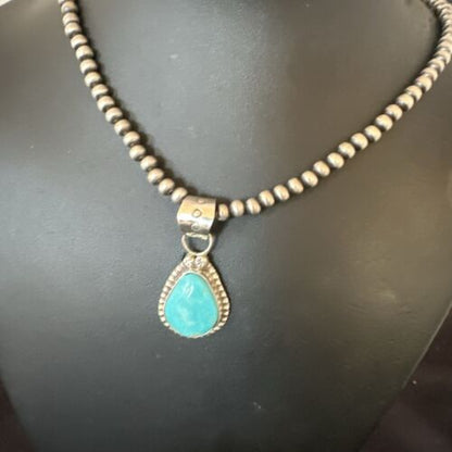 Navajo Pearls Kingman Turquoise Pendant Necklace | Sterling Silver | Native American Handmade | 17135