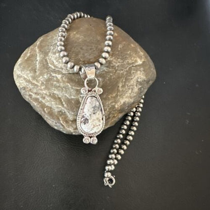 Men's White Buffalo Turquoise Pendant Necklace | Navajo Pearls | Sterling Silver | Native American Handmade | 17332