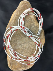 Men's Navajo Red White Coral Heishi Necklace | Sterling Silver | 6 Strand | 18" | 10147