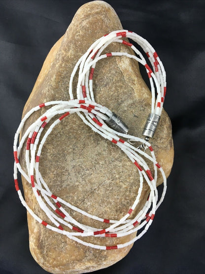 Men's Navajo Red White Coral Heishi Necklace | Sterling Silver | 6 Strand | 18" | 10147