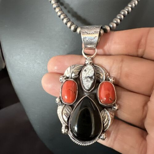 Navajo White Buffalo Coral Onyx Pearls Cluster Pendant | Sterling Silver | Native American Handmade | 15369