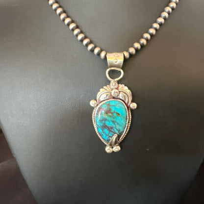 Navajo Blue Turquoise Pendant Necklace | Sterling Silver Pearls | Authentic Native American Handmade | 15647