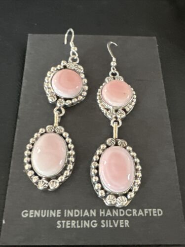 Navajo Pink Conch Shell Dangle Earrings | Sterling Silver | Authentic Native American Handmade | 17199