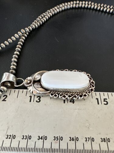 Navajo Pearls White Buffalo Turquoise Necklace Pendant | Sterling Silver | Authentic Native American Handmade | 15707