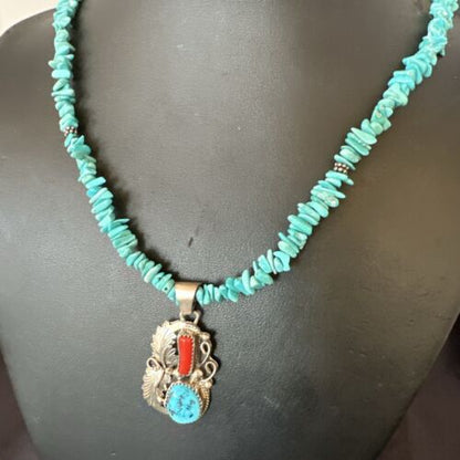 Navajo Blue Turquoise Coral Pendant Necklace | Sterling Silver Pearls | 20" | Authentic Native American Handmade | 17541
