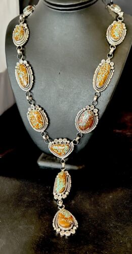 Navajo XL Blue Turquoise #8 Squash Blossom Necklace | Sterling Silver | 18" | Authentic Native American Handmade | 17205