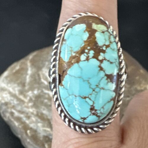 Men's & Women's Blue Turquoise #8 Navajo Ring | Sterling Silver | Sz 9.5 | Authentic Native American Handmade | 16639