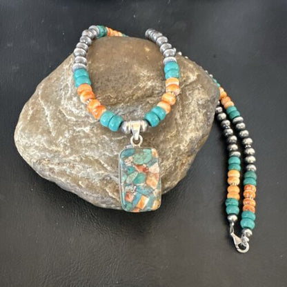 Navajo Spiny Turquoise Pendant Necklace | Sterling Silver | 22" | Authentic Native American Handmade | 17431