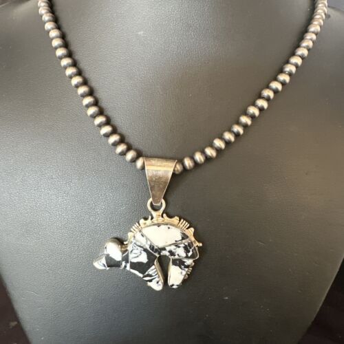 Navajo White Buffalo Turquoise Bear Inlay Pendant Necklace | Sterling Silver | Native American Handmade | 15248