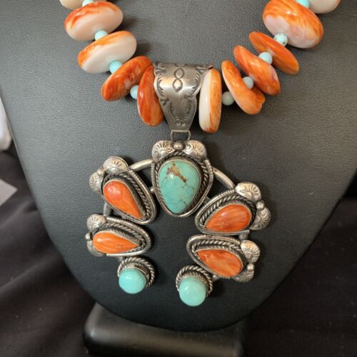 Orange Spiny Turquoise Naja Navajo Pendant Necklace | Sterling Silver | 30" | Authentic Native American Handmade | 14007