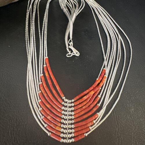 Navajo Red Coral Liquid Silver Heishi Necklace | 10 Strand | Sterling Silver Tubes | 18" | 15139