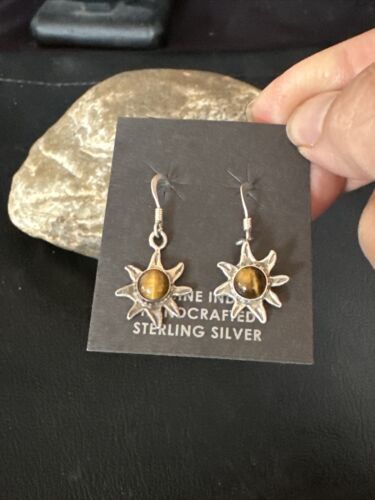 Navajo Coffee Tiger's Eye Dangle Earrings | Sterling Silver | Authentic Native American Handmade | 14919