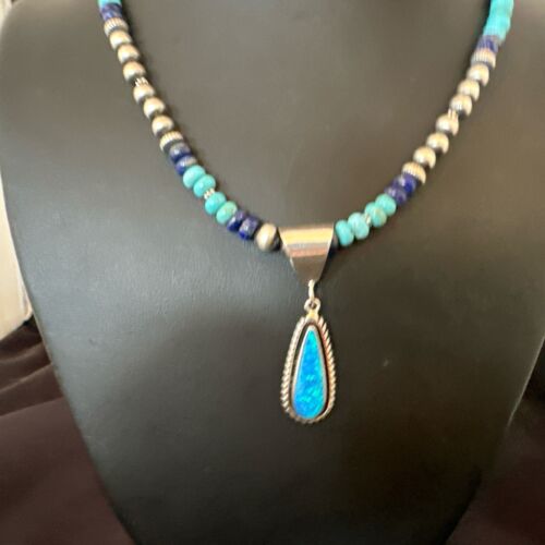 Navajo Opal Inlay Pendant with Turquoise & Lapis | Sterling Silver Necklace | Authentic Native American Handmade | 16848