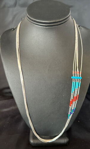 Multi-Color Liquid Silver Heishi 5-Strand Necklace | Sterling Tubes | 25" | 15055