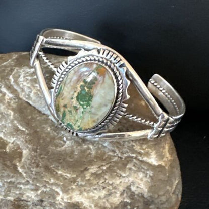 Navajo Green Boulder Turquoise Cuff Bracelet | Sterling Silver | Authentic Native American Handmade | 16245