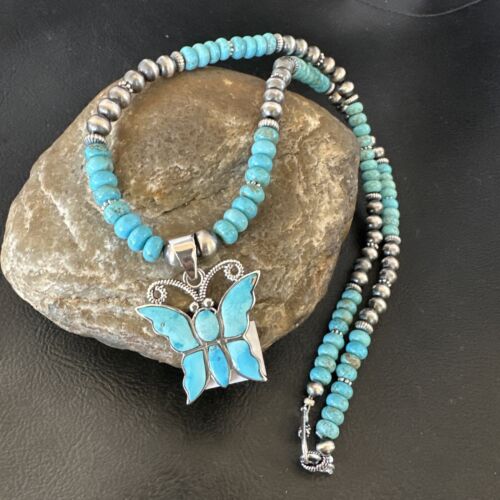 Navajo Butterfly Blue Ridge Turquoise Inlay Pendant Necklace | Sterling Silver | Native American Handmade | 16486