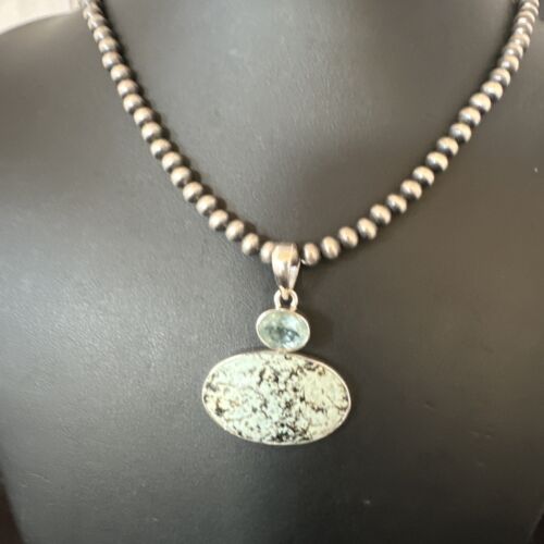Navajo Dry Creek Turquoise Topaz Pendant Necklace | Sterling Silver | Authentic Native American Handmade | 16315