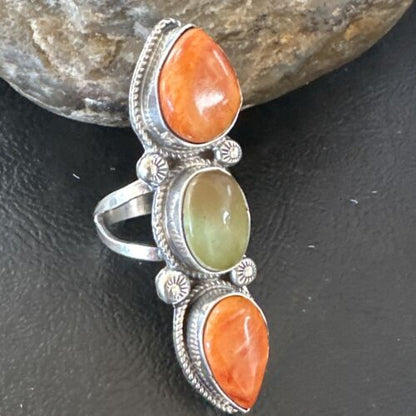Navajo Green Turquoise Spiny Oyster Multi-Stone Ring | Authentic Native American Sterling Silver | Sz 10 | 16713