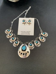 Navajo Blue Turquoise Bear Paw Shadow Box Necklace & Earring Set | Sterling Silver | Authentic Native American Handmade | 17466