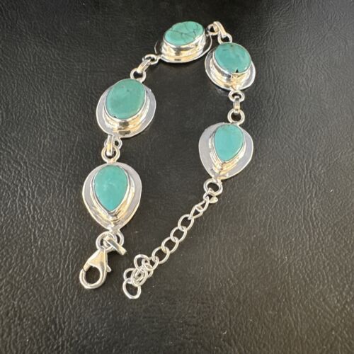 Navajo Blue Turquoise Link Bracelet | Sterling Silver | 8" | Authentic Native American Handmade | 15478