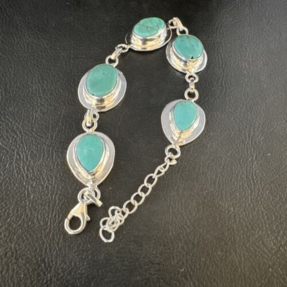 Navajo Blue Turquoise Link Bracelet | Sterling Silver | 8" | Authentic Native American Handmade | 15478