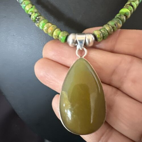 Navajo Green Turquoise Pendant with Pearls | Sterling Silver Necklace | Authentic Native American Handmade | 16917