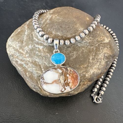 Navajo Wild Horse | Blue Kingman Turquoise Necklace | Sterling Silver | Authentic Native American Handmade | 17341