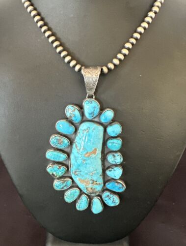 Navajo Blue Kingman Turquoise Cluster Pendant Necklace | Sterling Silver | Authentic Native American Handmade | 16794