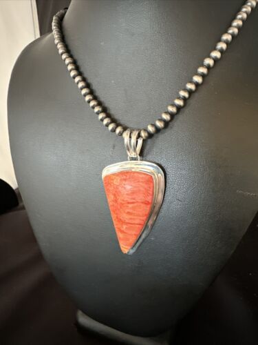 Navajo Pearls Red Spiny Oyster Necklace Pendant | Sterling Silver | Authentic Native American Handmade | 15002