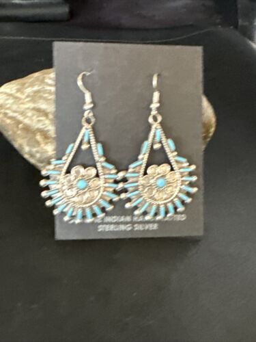 Zuni Kingman Turquoise Needle Point Dangle Earrings | Sterling Silver | Authentic Native American Handmade | 14876
