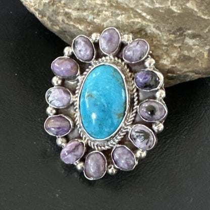 Navajo Kingman Turquoise Charoite Ring | Authentic Native American Sterling Silver | Multi-Stone | Sz 10.5 | 17180