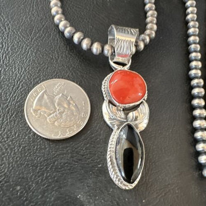 Navajo White Buffalo Coral Onyx Pearls Cluster Pendant | Sterling Silver | Native American Handmade | 15448