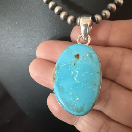 Navajo Blue Kingman Turquoise Pendant Necklace | Sterling Silver | 20" | Authentic Native American Handmade | 16692