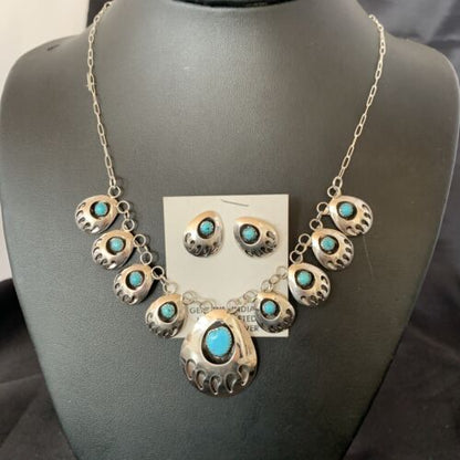 Navajo Blue Turquoise Bear Paw Shadow Box Necklace & Earring Set | Sterling Silver | Authentic Native American Handmade | 17466