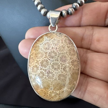 Navajo Champagne Fossil Coral Pendant Necklace | Sterling Silver Beads | Authentic Native American Handmade | 16370