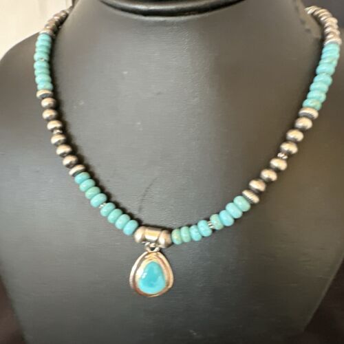 Navajo Blue Kingman Turquoise Pendant Necklace | Sterling Silver | 21" | Authentic Native American Handmade | 16933