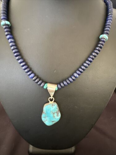 Navajo Lapis Turquoise Pendant Necklace | Sterling Silver | Authentic Native American Handmade | 17434