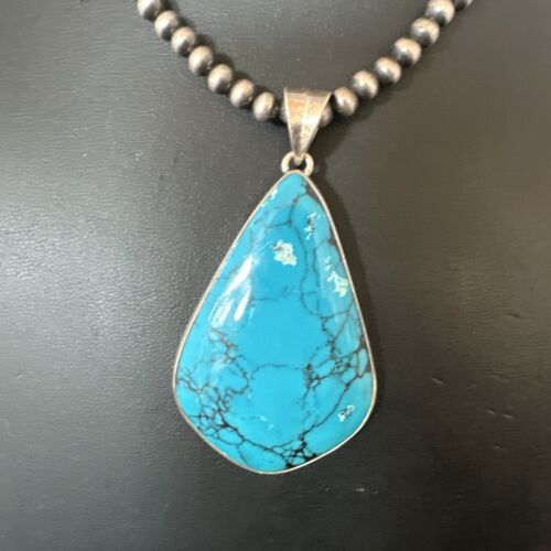 Men's Navajo Blue Spiderweb Turquoise Pendant Necklace | Sterling Silver | Authentic Native American Handmade | 16207
